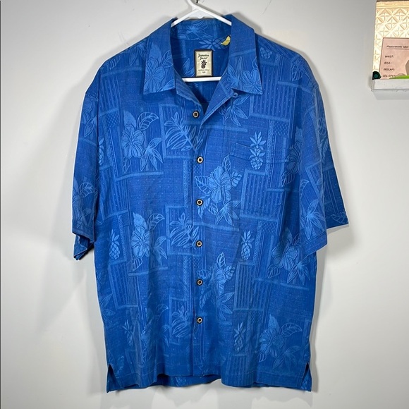 Vintage Jamaica Jaxx Blue 100% Silk Hawaiian Casual Button Down Shirt L - Picture 1 of 10